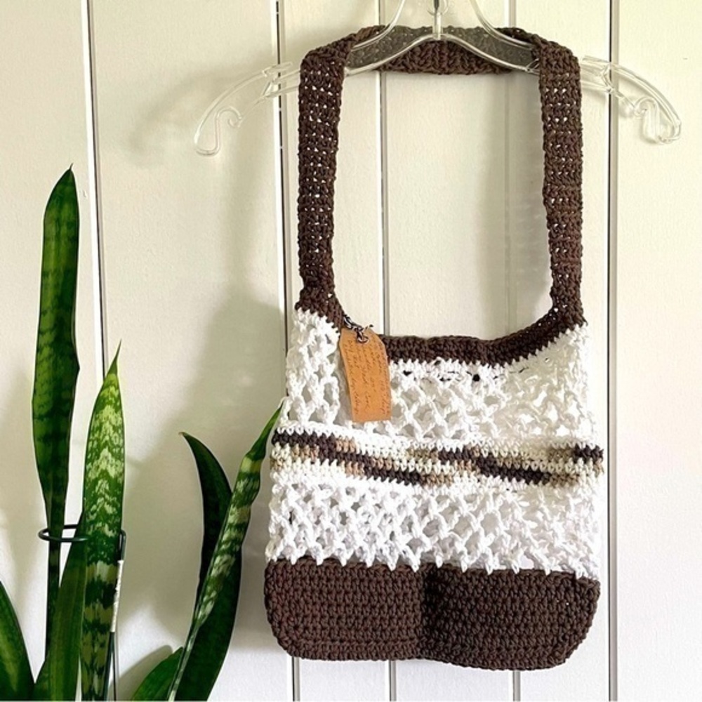 $49 SALE Handmade Brown White Tote Bag Purse Cotton Reusable Boho Multicolor